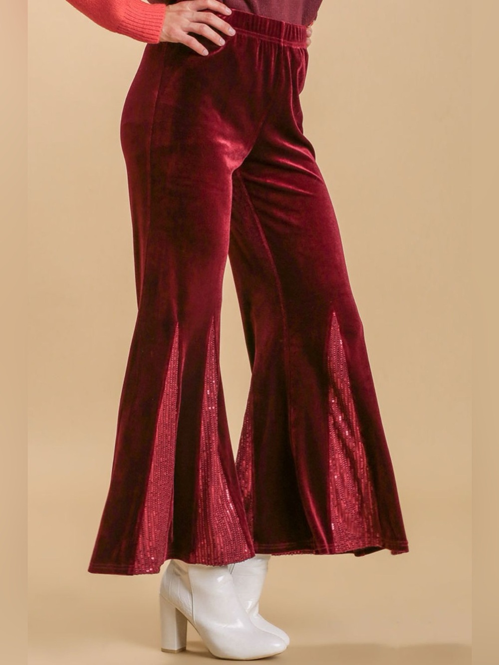 Umgee Full Size Sequin Elastic Waist Velvet Stretch Flare Leg Pants Plus Size